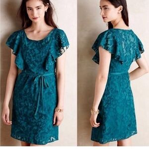 Anthropologie Moulinette Soeurs NWT Teal Green Fluttered Scrollwork Mini Dress